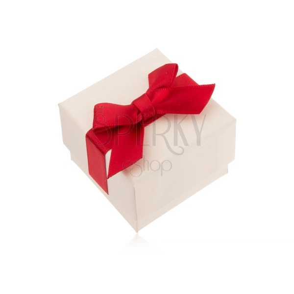 Bílá dárková krabička na prsten, přívěsek a náušnice, červená mašle