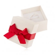 Bílá dárková krabička na prsten, přívěsek a náušnice, červená mašle
