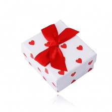 Dárková krabička na náušnice - bílá barva, červená srdíčka s mašličkou