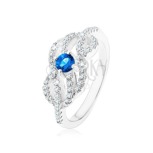 Stříbrný 925 prsten, modrý zirkonek, propletené zvlněné linie