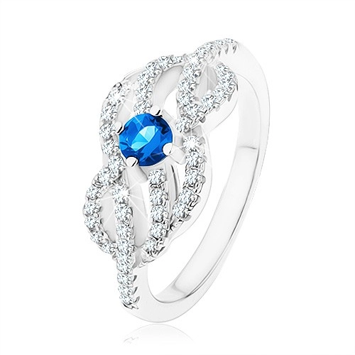 Stříbrný 925 prsten, modrý zirkonek, propletené zvlněné linie - Velikost: 57