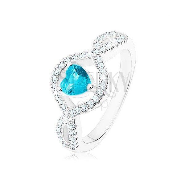 Stříbrný prsten 925, světle modré zirkonové srdce, vlnitá čirá ramena