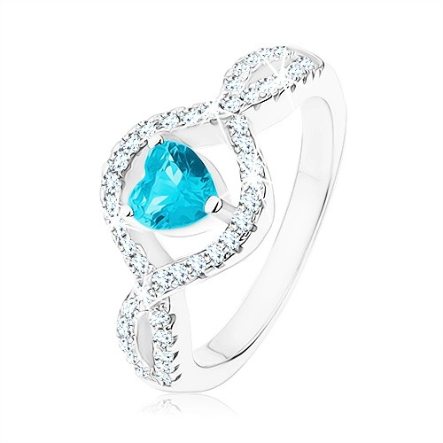Stříbrný prsten 925, světle modré zirkonové srdce, vlnitá čirá ramena - Velikost: 56