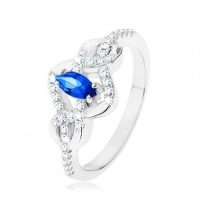 Stříbrný prsten 925, modrý zirkonový ovál, propletené linie zdobené zirkony