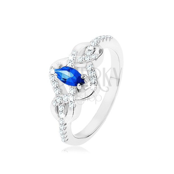 Stříbrný prsten 925, modrý zirkonový ovál, propletené linie zdobené zirkony