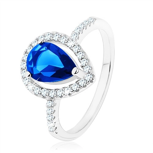Prsten, stříbro 925, úzká ramena, zirkonová slza modré barvy - Velikost: 57