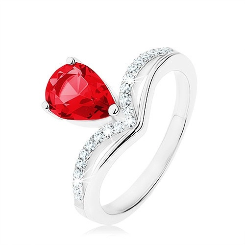 Stříbrný prsten 925, obrácená slza - růžový zirkon, zašpičatělá linie - Velikost: 59