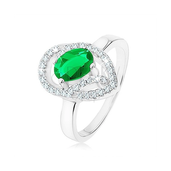 Prsten ze stříbra 925, oválný zelený zirkon, asymetrická kapka - obrys