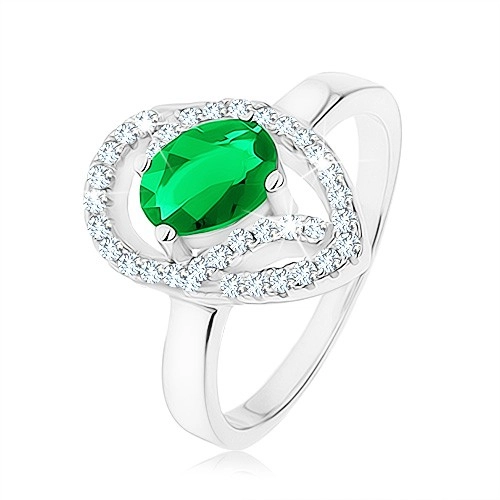 Prsten ze stříbra 925, oválný zelený zirkon, asymetrická kapka - obrys - Velikost: 49