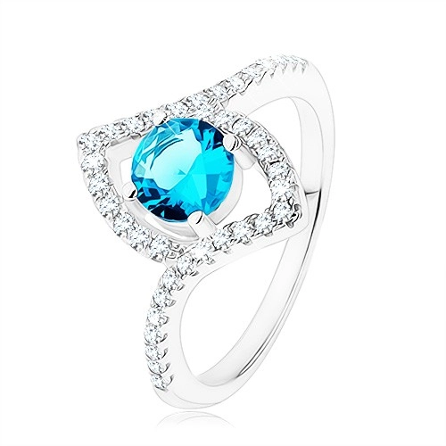 Prsten, stříbro 925, jasně modrý zirkon - kruh, špičaté zrnko - kontura - Velikost: 52