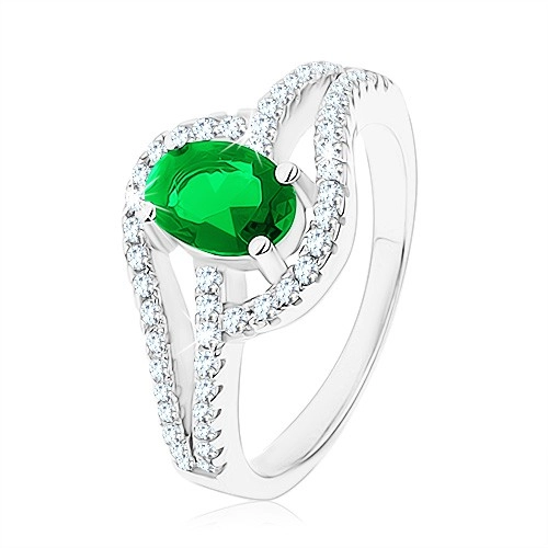 Prsten ze stříbra 925, propojené obrysy kapek, zelený zirkon - Velikost: 57