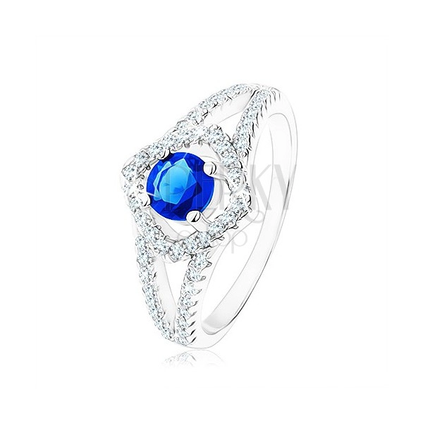Stříbrný prsten 925, rozdvojená ramena, obrys čtverce, modrý zirkon