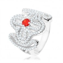 Masivní prsten, stříbro 925, červený zirkonek, rozsáhlý ornament - kříž