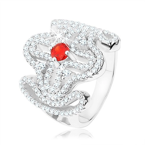 Masivní prsten, stříbro 925, červený zirkonek, rozsáhlý ornament - kříž - Velikost: 59