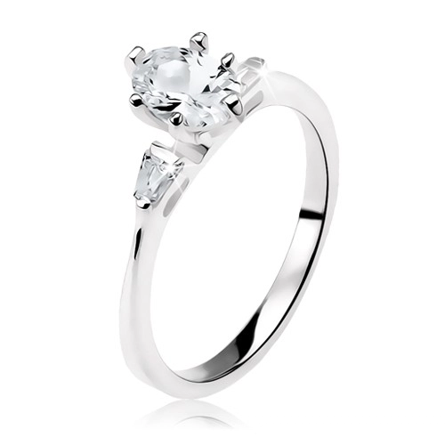 Zásnubní prsten ze stříbra 925, čirý oválný zirkon, malé lichoběžníky - Velikost: 59