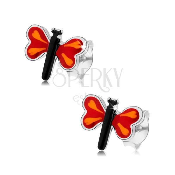 Puzetové náušnice ze stříbra 925, barevný malý motýl, červená křídla