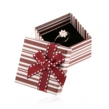Dárková krabička na prsten, hnědé a bílé ozdobné proužky, bordó mašle