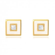 Zlaté náušnice 375 - čtvereček zdobený bílou glazurou, čirý zirkon