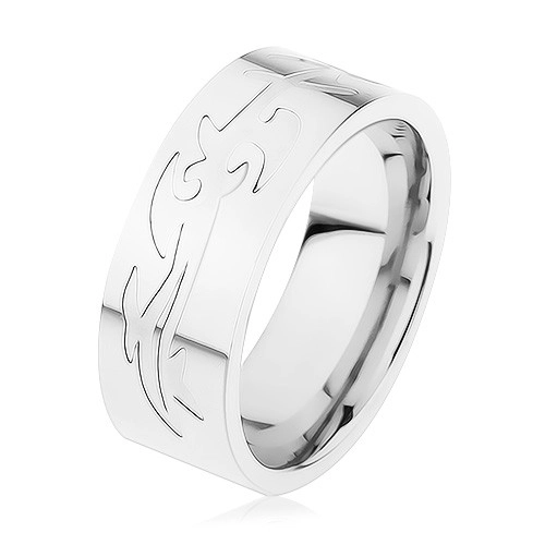 Ocelový prsten, stříbrná barva, gravírovaný tribal vzor - Velikost: 62