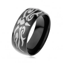 Lesklý ocelový prsten černé barvy, šedý motiv tribal, hladký povrch