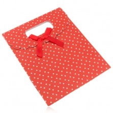 Červená dárková taštička z papíru s bílými puntíky, červená mašle