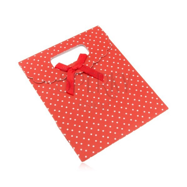 Červená dárková taštička z papíru s bílými puntíky, červená mašle