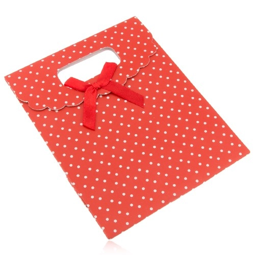 Levně Červená dárková taštička z papíru s bílými puntíky, červená mašle