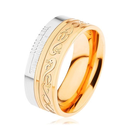Lesklý prsten z oceli 316L, zlatá a stříbrná barva, spirála, had, zářezy - Velikost: 54