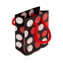 Dárková taštička z papíru, černý podklad, bílé a červené tečky, šňůrky