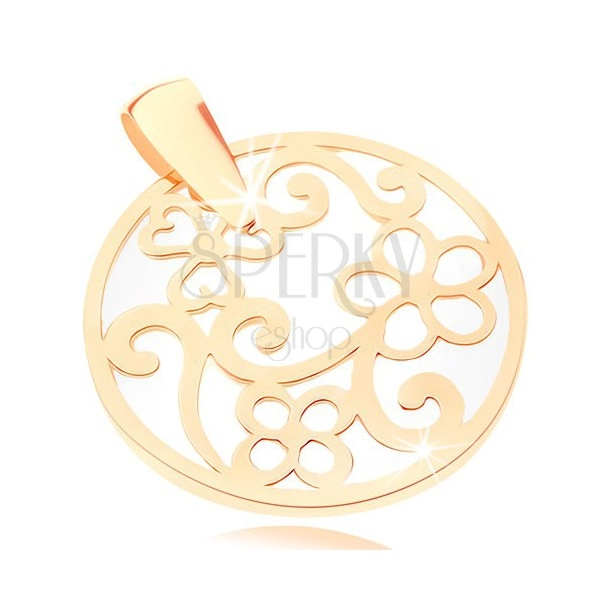 Přívěsek ve žlutém 9K zlatě - kontura kruhu s ornamenty, perleťový podklad