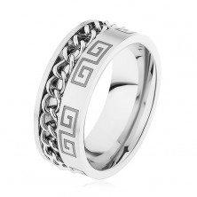 Ocelový prsten stříbrné barvy, zářez s řetízkem, řecký klíč