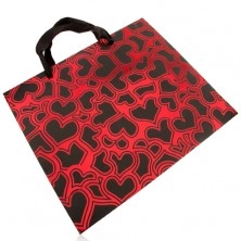Papírová taška na dárek, tmavě šedá s červenou, lesklé obrysy srdcí