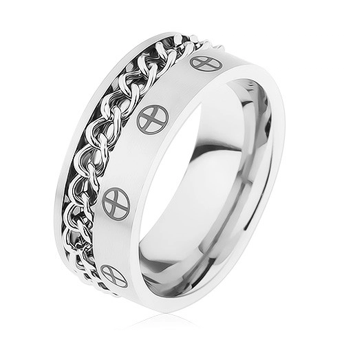 Prsten z oceli 316L, stříbrná barva, řetízek, křížky v kruzích - Velikost: 62