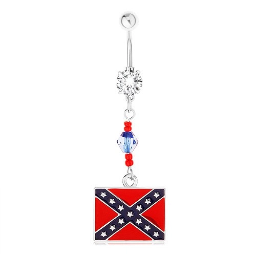 Ocelový piercing do břicha, čirý zirkon, korálky, motiv konfederační vlajky