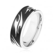 Lesklý prsten z chirurgické oceli, černý pás zdobený motivem tribal