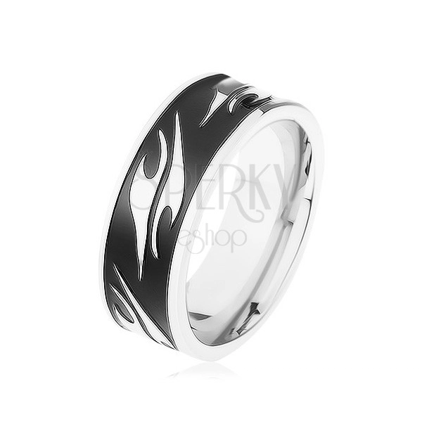Lesklý prsten z chirurgické oceli, černý pás zdobený motivem tribal