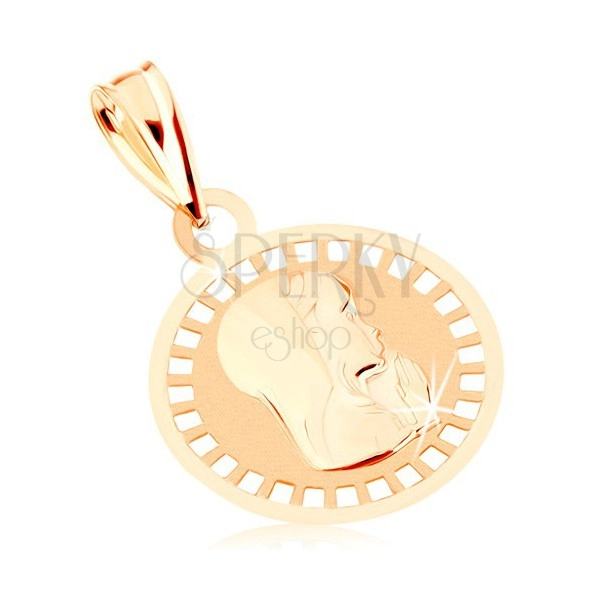 Přívěsek ze žlutého 9K zlata - kruhový medailon s Pannou Marií, lesklo-matný