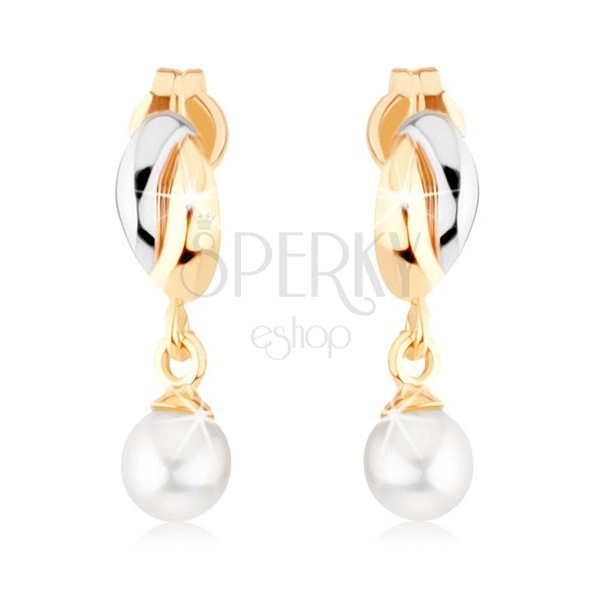 Zlaté náušnice 375 - dvoubarevné obloučky, bílá kulatá perlička