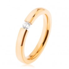Ocelový svatební prsten zlaté barvy, čirý zirkonek, plochá ramena