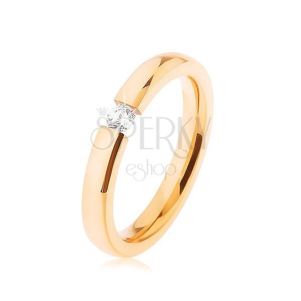 Ocelový svatební prsten zlaté barvy, čirý zirkonek, plochá ramena