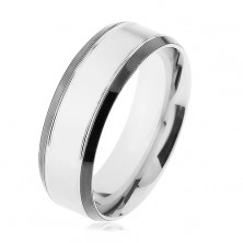 Ocelový prsten, stříbrná barva, lesklý lem černé barvy