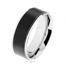 Prsten z oceli 316L, černý pás, vysoce lesklý lem stříbrné barvy