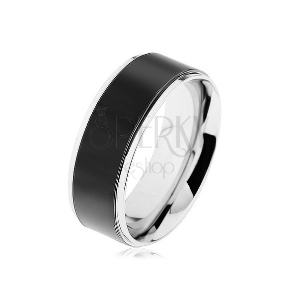 Prsten z oceli 316L, černý pás, vysoce lesklý lem stříbrné barvy