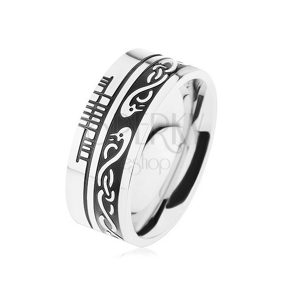 Široký prsten, ocel 316L, černý pruh, keltský vzor, lem stříbrné barvy