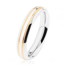 Lesklý ocelový prsten, stříbrrný odstín, tenké pásy zlaté barvy