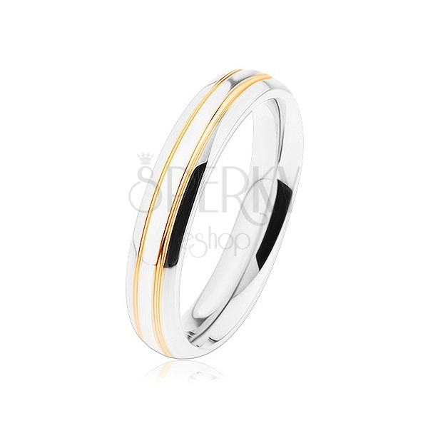 Lesklý ocelový prsten, stříbrrný odstín, tenké pásy zlaté barvy