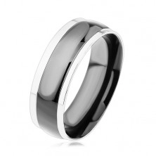 Prsten z chirurgické oceli, černý vypouklý pás, okraje ve stříbrné barvě