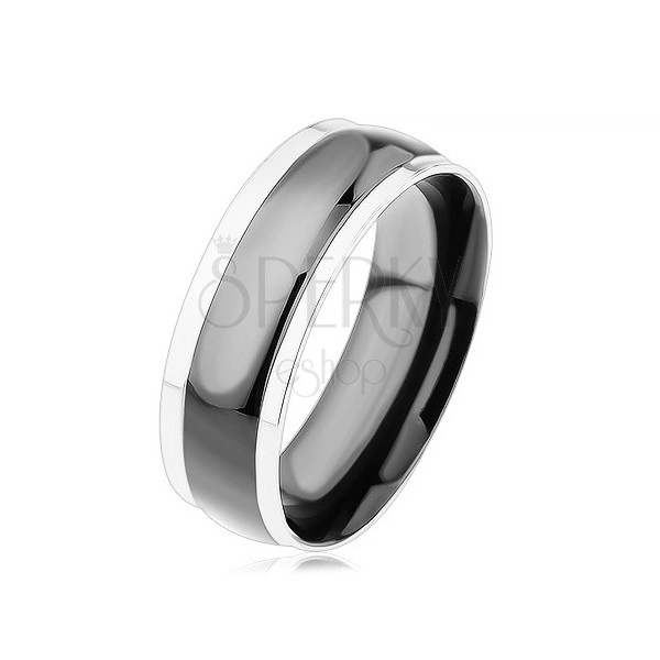 Prsten z chirurgické oceli, černý vypouklý pás, okraje ve stříbrné barvě