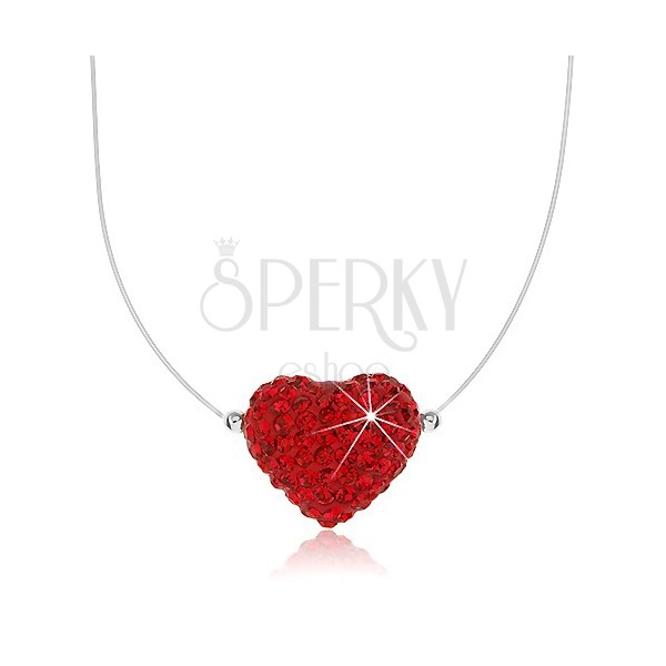 Náhrdelník s červeným srdcem s krystalky, průsvitné lanko, zapínání stříbro 925