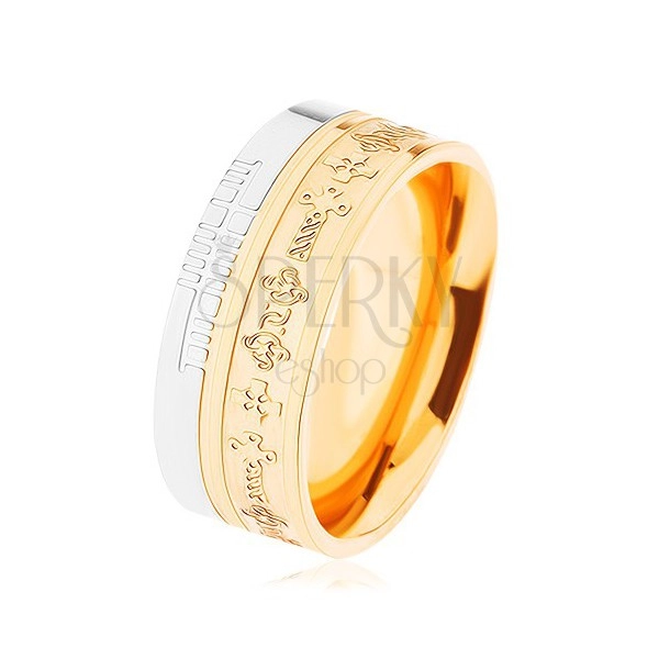 Dvoubarevný ocelový prsten - zlatý a stříbrný odstín, vzor - keltské kříže